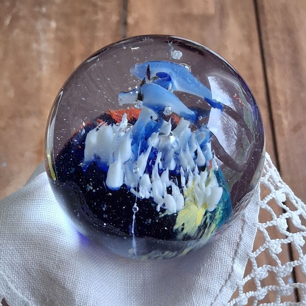 Blown Glass Ball Paperweight 2 Fish, Ocean Floor 2 Inch Multicolor